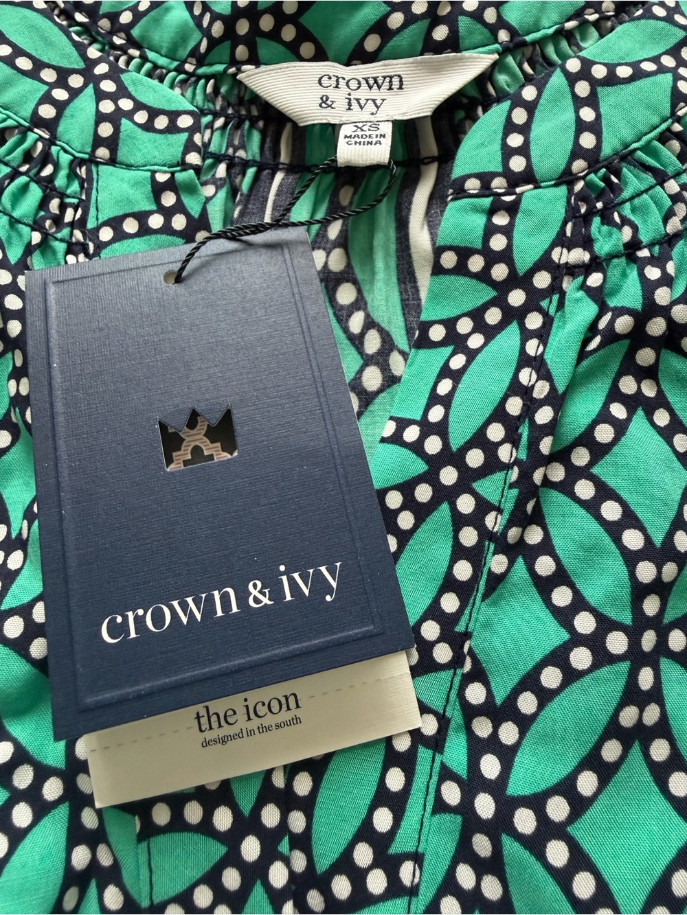 crown & ivy Core Peasant Teal Geometric Split-Front Blouse with Stripe Placket - Picture 5 of 8